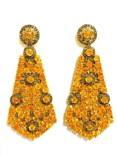 Mexican Fire Opal and Diamond Stud Earrings in Sterling Silver Gold Plate