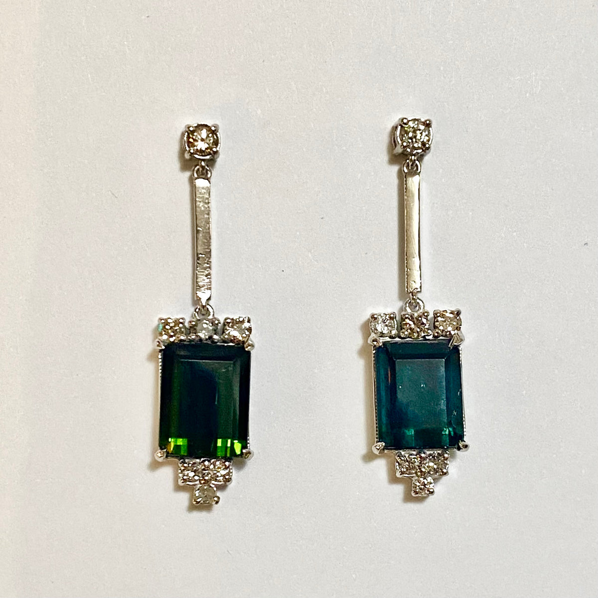9ct White Gold Green Tourmaline and Daimond Drop Earrings