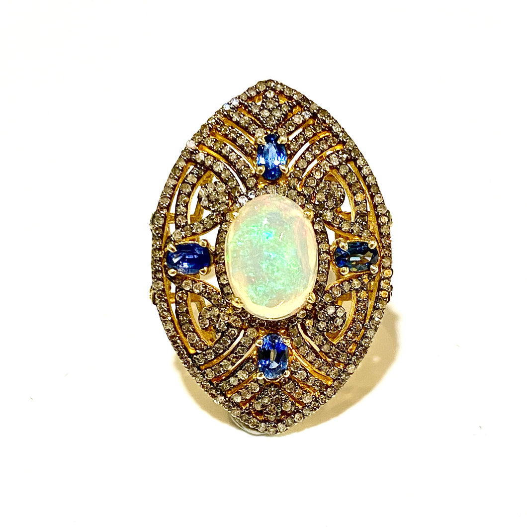 Sterling Silver Gold Plate Solid Opal, Sapphire and Diamond Cocktail Ring