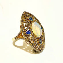 Sterling Silver Gold Plate Solid Opal, Sapphire and Diamond Cocktail Ring