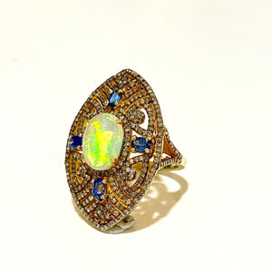 Sterling Silver Gold Plate Solid Opal, Sapphire and Diamond Cocktail Ring