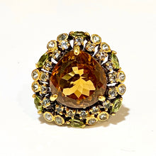 Sterling Silver Black Rhodium Plated Citrine, Green Tourmaline and Topaz Ring