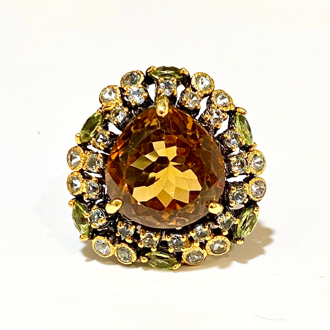 Sterling Silver Black Rhodium Plated Citrine, Green Tourmaline and Topaz Ring