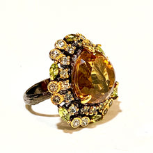 Sterling Silver Black Rhodium Plated Citrine, Green Tourmaline and Topaz Ring