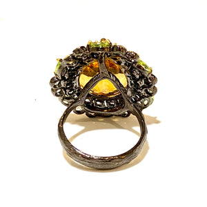 Sterling Silver Black Rhodium Plated Citrine, Green Tourmaline and Topaz Ring