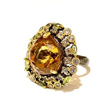 Sterling Silver Black Rhodium Plated Citrine, Green Tourmaline and Topaz Ring