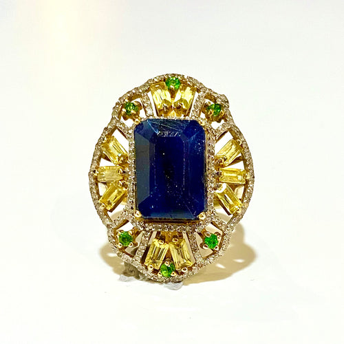 Sterling Silver Gold Plate Sapphire, Diamond, Tourmaline and Diopside Ring