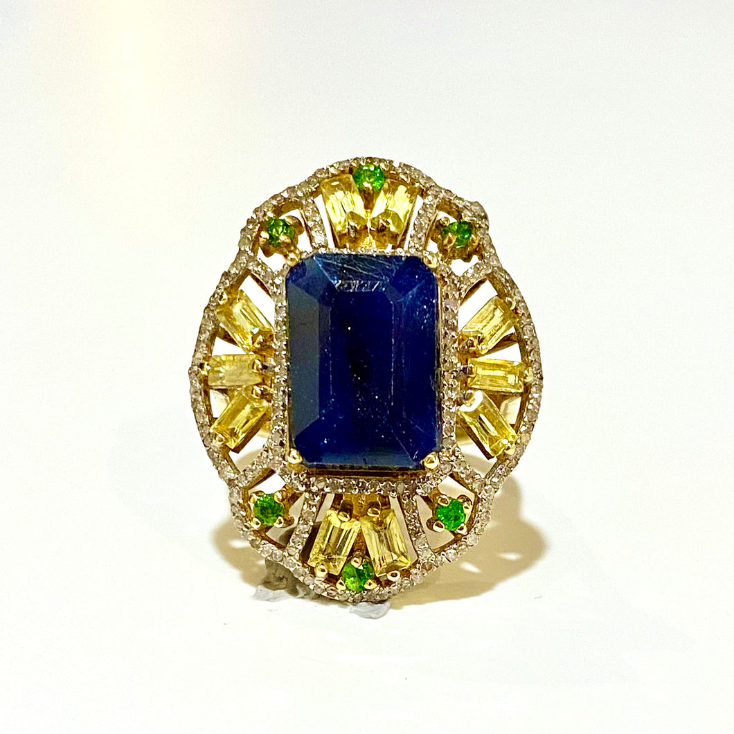 Sterling Silver Gold Plate Sapphire, Diamond, Tourmaline and Diopside Ring