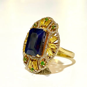 Sterling Silver Gold Plate Sapphire, Diamond, Tourmaline and Diopside Ring