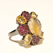 Sterling Silver Black Rhodium Plated Rutile Quartz, Citrine and Tourmaline Ring