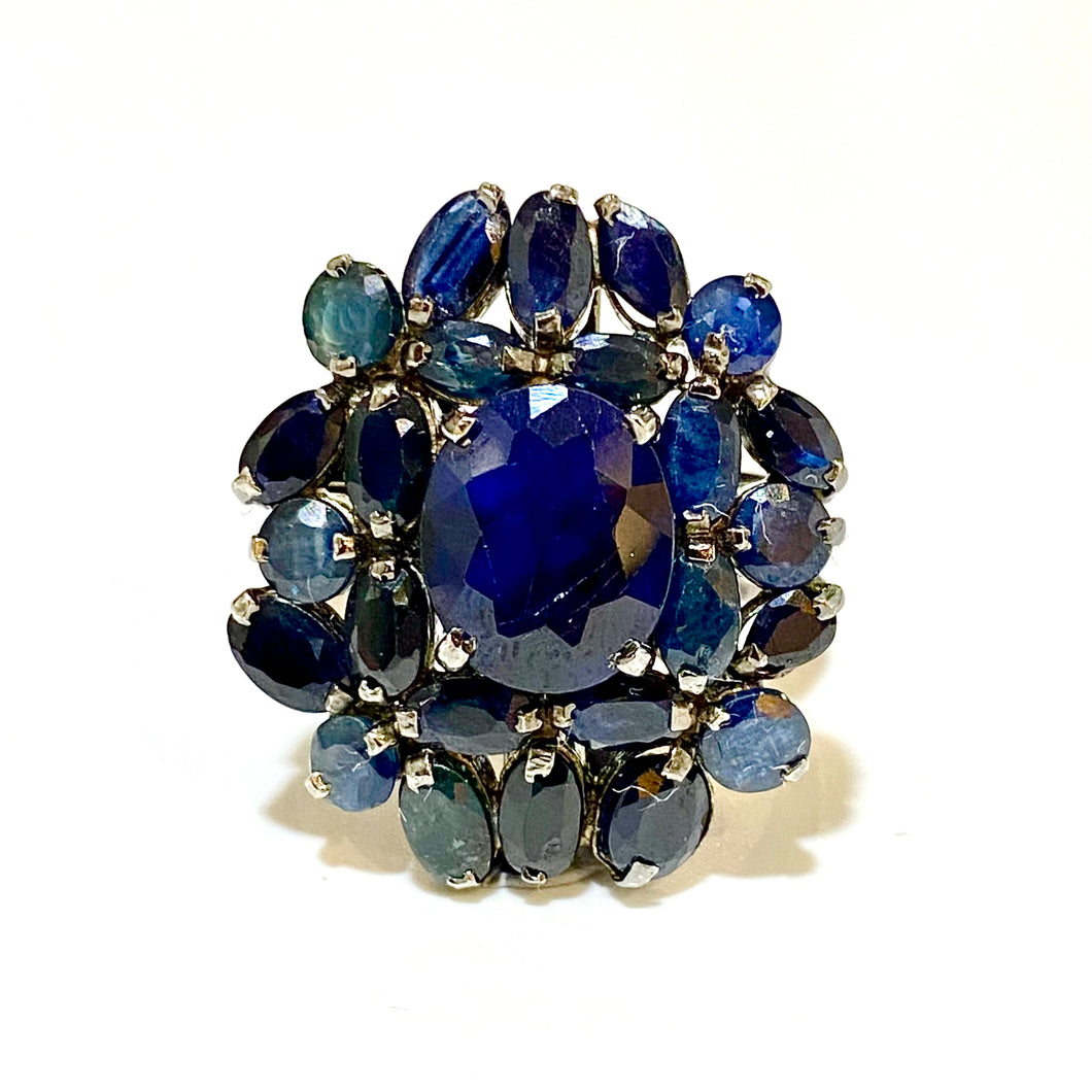 Sterling Silver Black Rhodium Plated Sapphire Cluster Ring