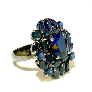 Sterling Silver Black Rhodium Plated Sapphire Cluster Ring