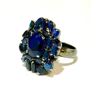 Sterling Silver Black Rhodium Plated Sapphire Cluster Ring