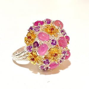 Sterling Silver Amethyst, Tourmaline and Ruby Ring