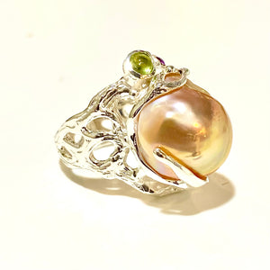 Sterling Silver Blister Pearl, Amethyst and Peridot Ring