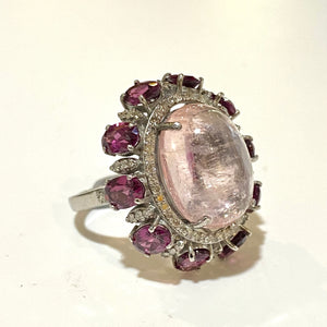 Sterling Silver Pink Tourmaline, Garnet and Diamond Ring