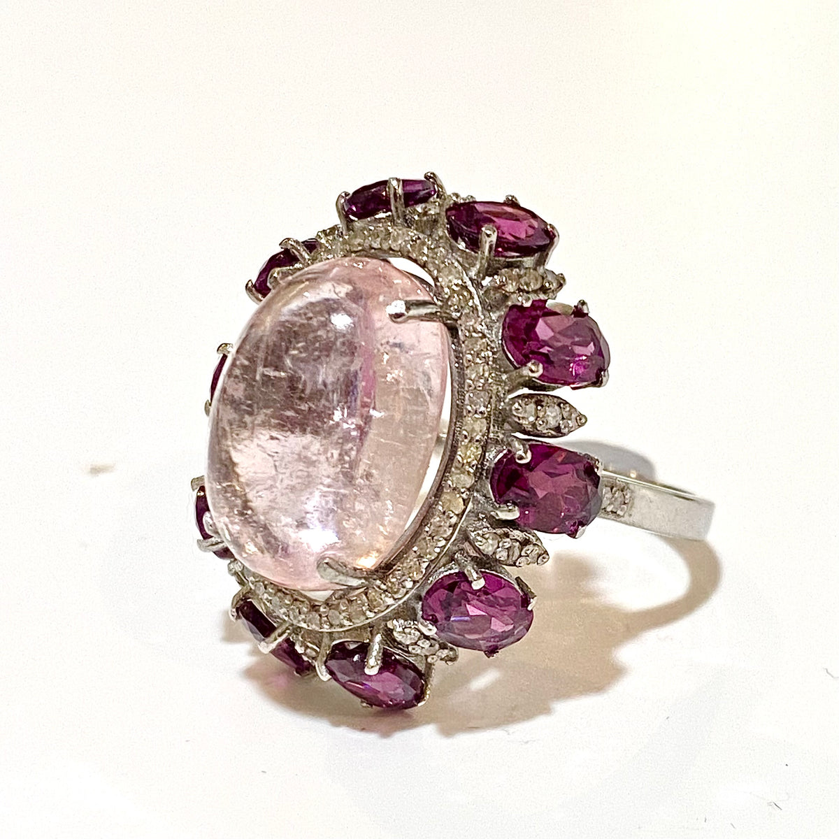 Sterling Silver Pink Tourmaline, Garnet and Diamond Ring