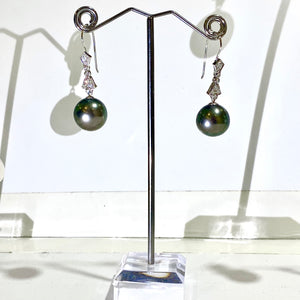 9ct White Gold 14mm Black Tahitian Pearl and Diamond Drop Earrings