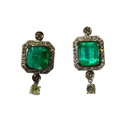 9ct White Gold Diamond and Emerald Stud Drop Earrings