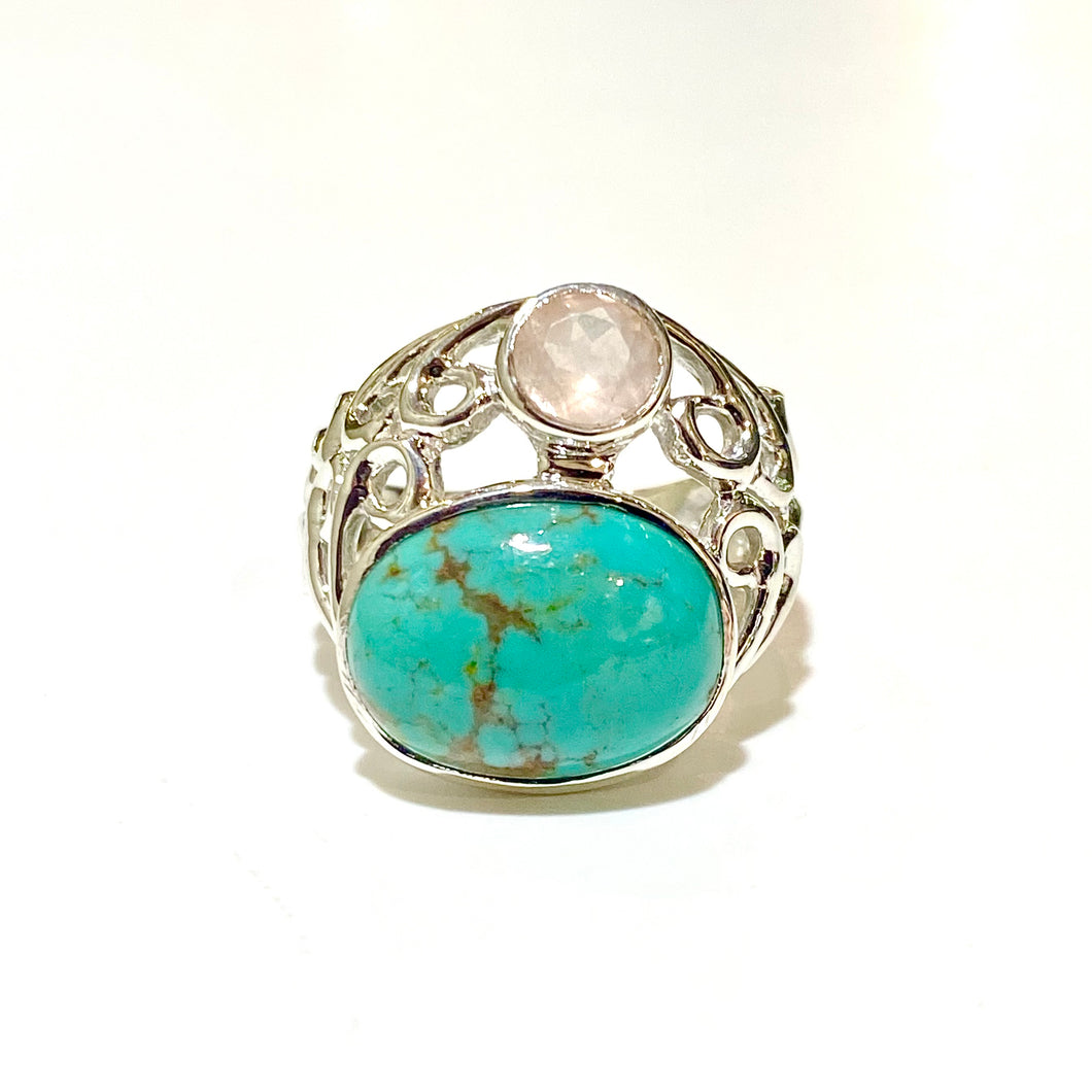 Sterling Silver Turquoise and Rose Quartz Ring