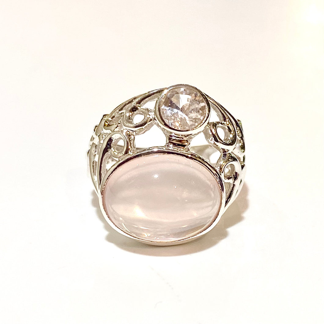 Sterling Silver Rose Quartz and Rock Crystal Ring