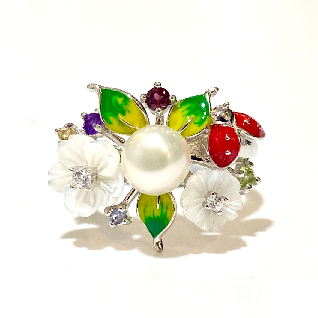 Sterling Silver Freshwater Pearl and Enamel Floral Ring