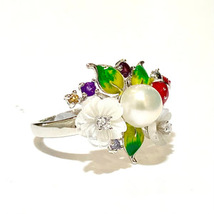 Sterling Silver Freshwater Pearl and Enamel Floral Ring