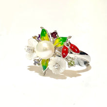 Sterling Silver Freshwater Pearl and Enamel Floral Ring