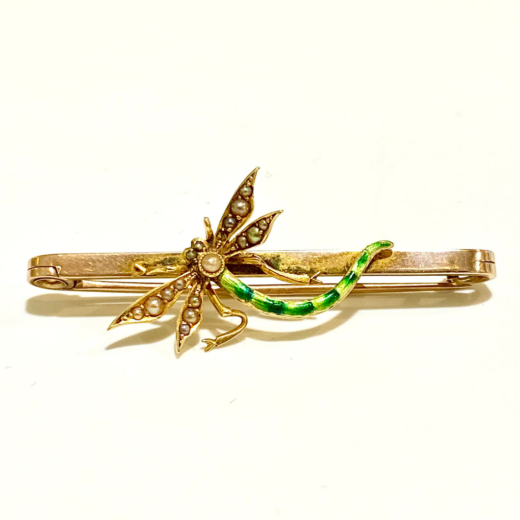 14ct Yellow Gold Seed Pearl and Enamel Dragonfly Brooch