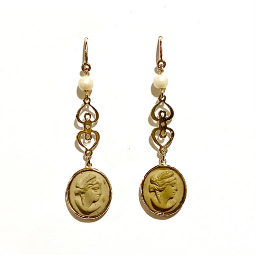 9ct Yellow Gold Lava Stone Cameo Hook Drop Earrings