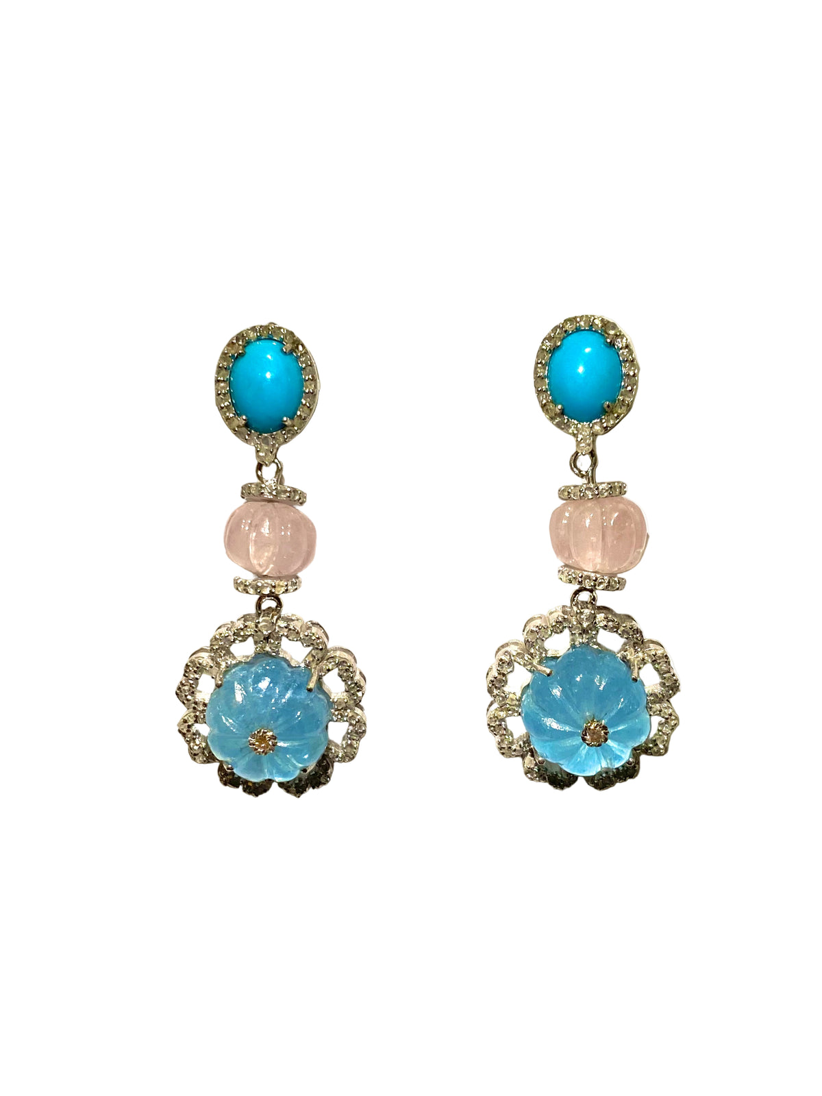 Aquamarine, Rose Quartz and Turquoise Stud Earrings with Diamonds in Sterling Silver
