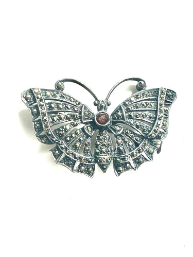 Sterling SIlver Marcasite Garnet Butterfly Brooch