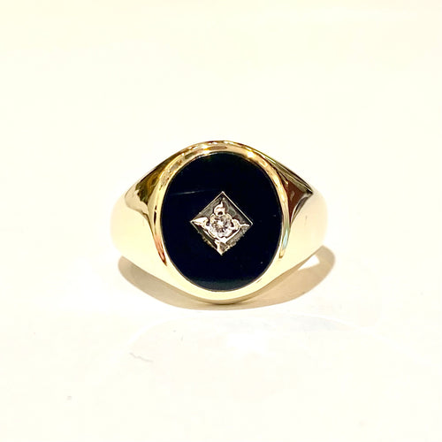 Vintage 9ct Yellow Gold Black Onyx and Diamond Signet Ring