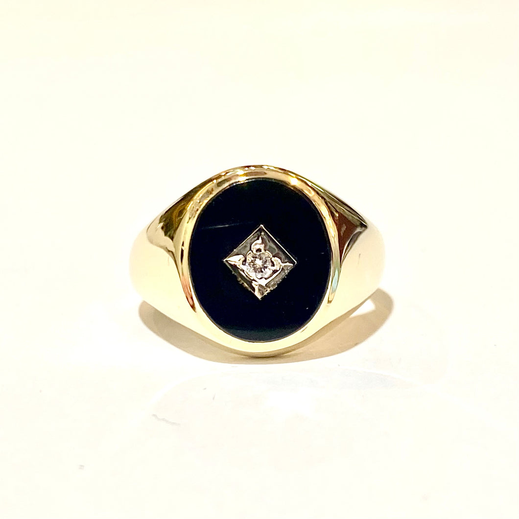 Vintage 9ct Yellow Gold Black Onyx and Diamond Signet Ring