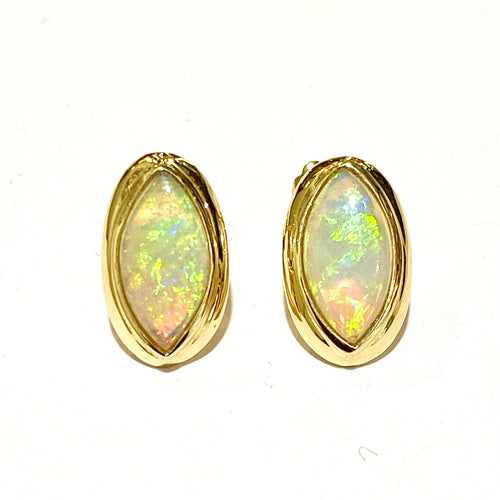 14ct Yellow Gold Solid Opal Marquis Shaped Stud Earrings