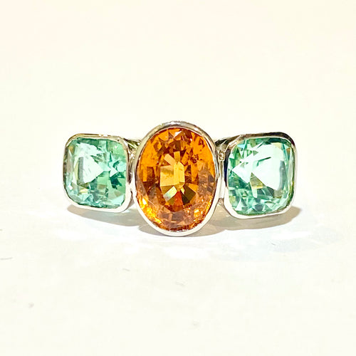 9ct White Gold Fire Opal and Tourmaline Trilogy Ring