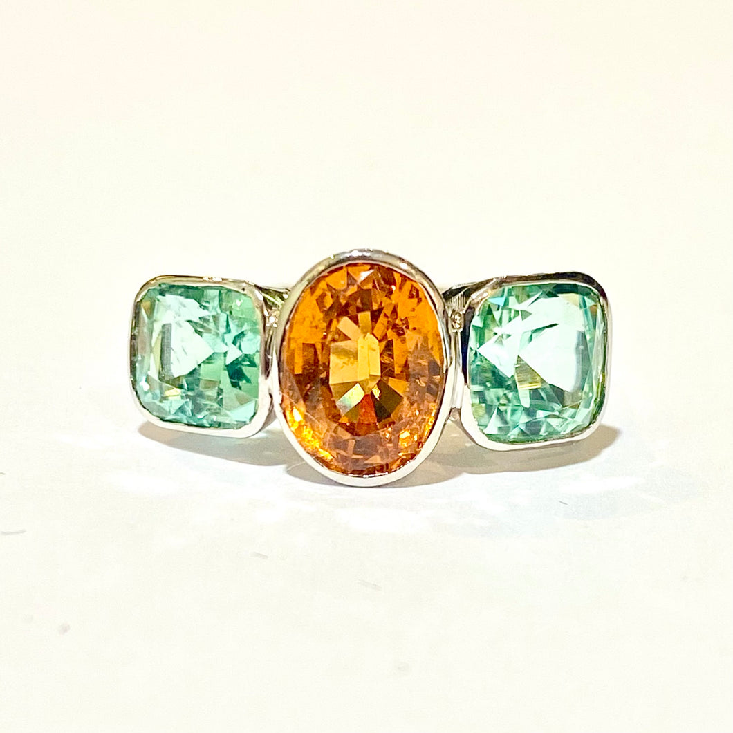 9ct White Gold Fire Opal and Tourmaline Trilogy Ring