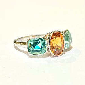 9ct White Gold Fire Opal and Tourmaline Trilogy Ring