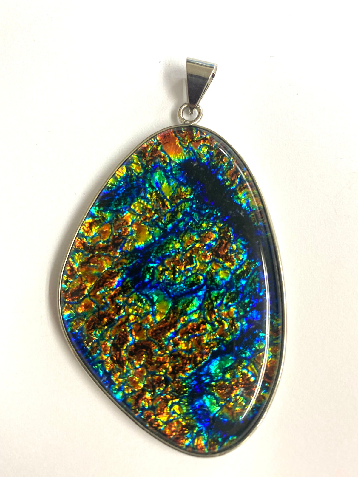 Large dichroic glass sterling silver first set pendant