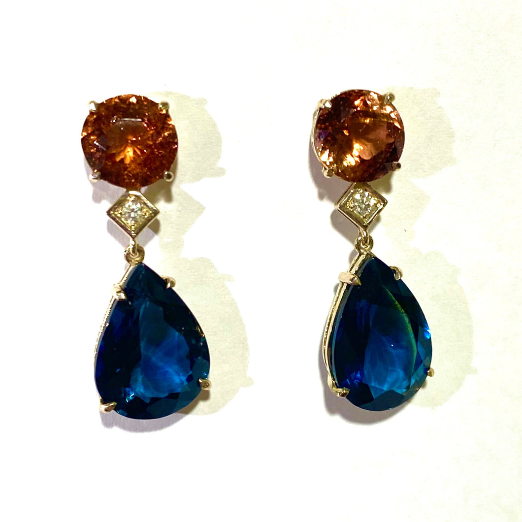 9ct Yellow Gold Tangerine Tourmaline, London Blue Topaz and Diamond Drop Earrings