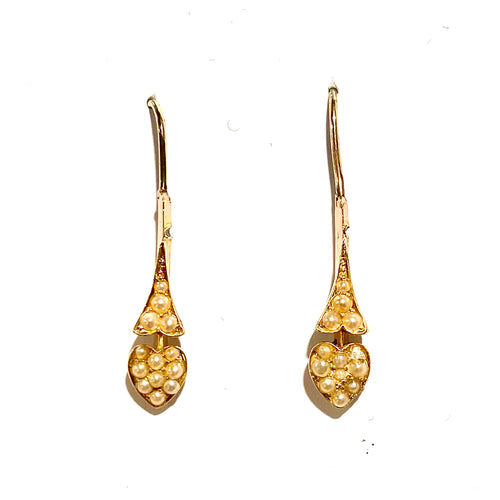 Antique 9ct Yellow Gold Seed Pearl Heart Drop Earrings