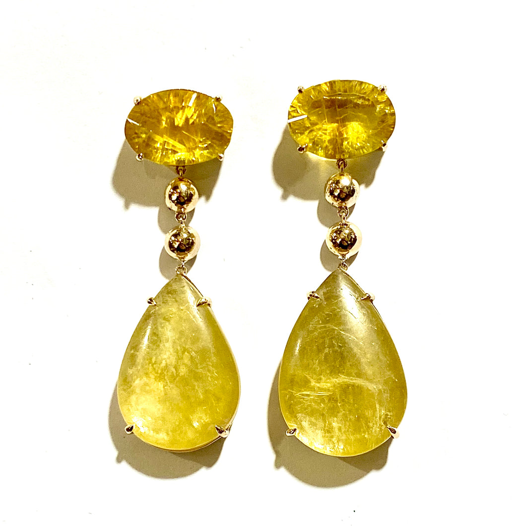 9ct Yellow Gold Lepidolite and Yellow Fluorite Drop Earrings