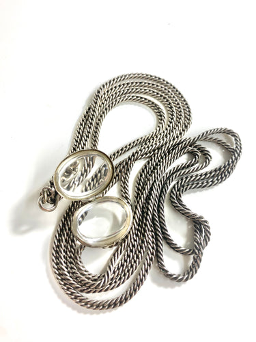 Antique half curb link sterling silver chain with opening rock Crystal Locket