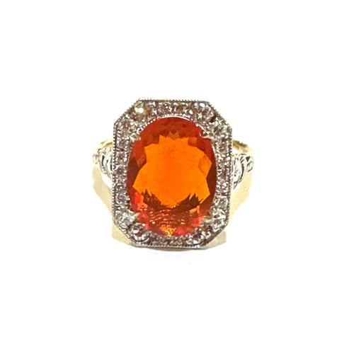 9ct Yellow Gold Mexican Fire Opal and Diamond Ring