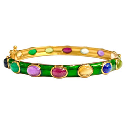 Sterling Silver Gold Plated Enamel Multi Gemstone Hinged Bangle