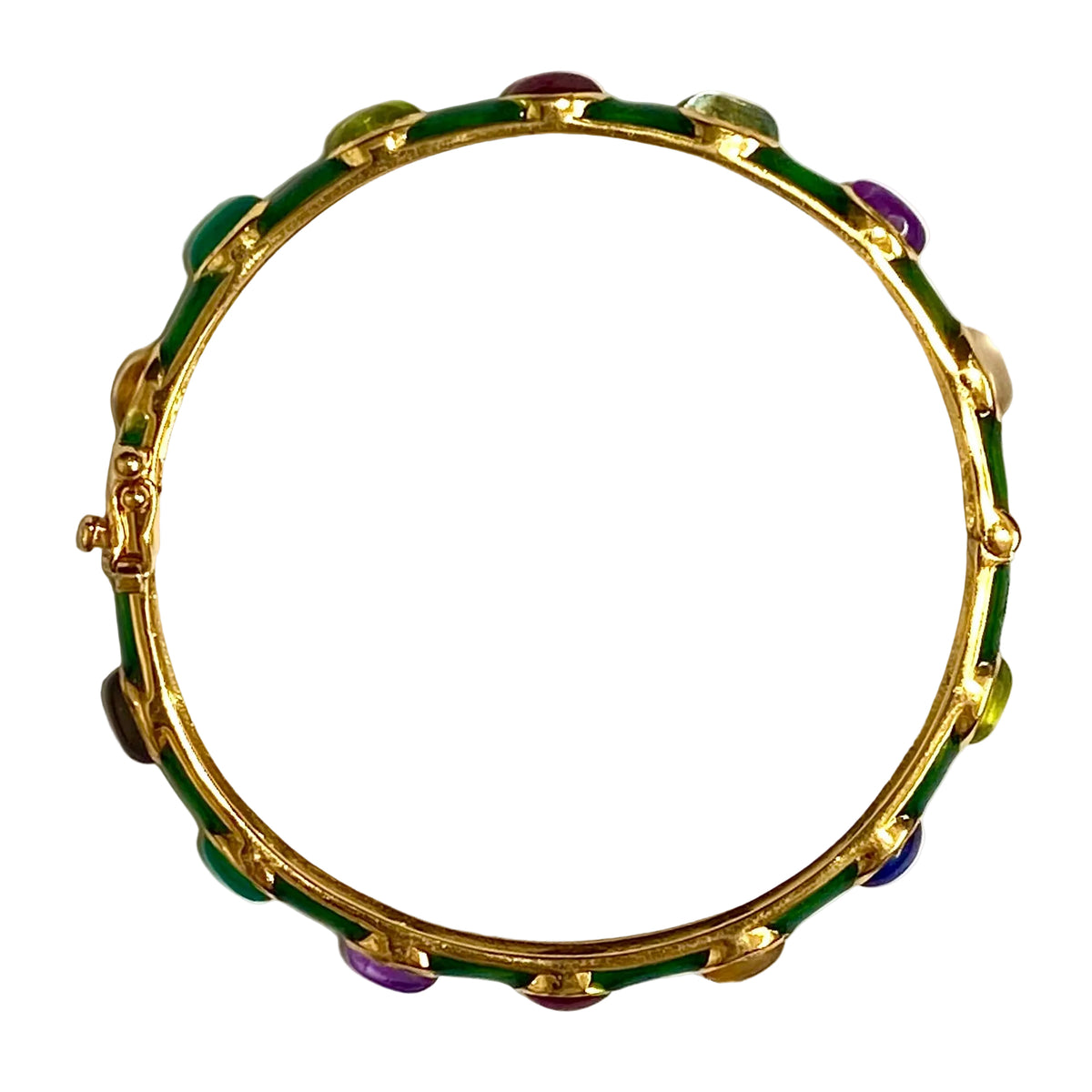 Sterling Silver Gold Plated Enamel Multi Gemstone Hinged Bangle