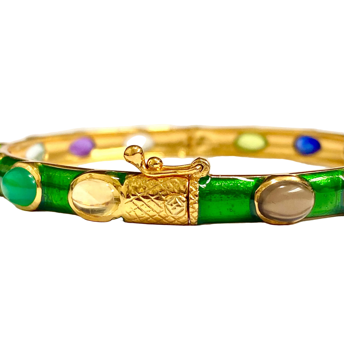 Sterling Silver Gold Plated Enamel Multi Gemstone Hinged Bangle