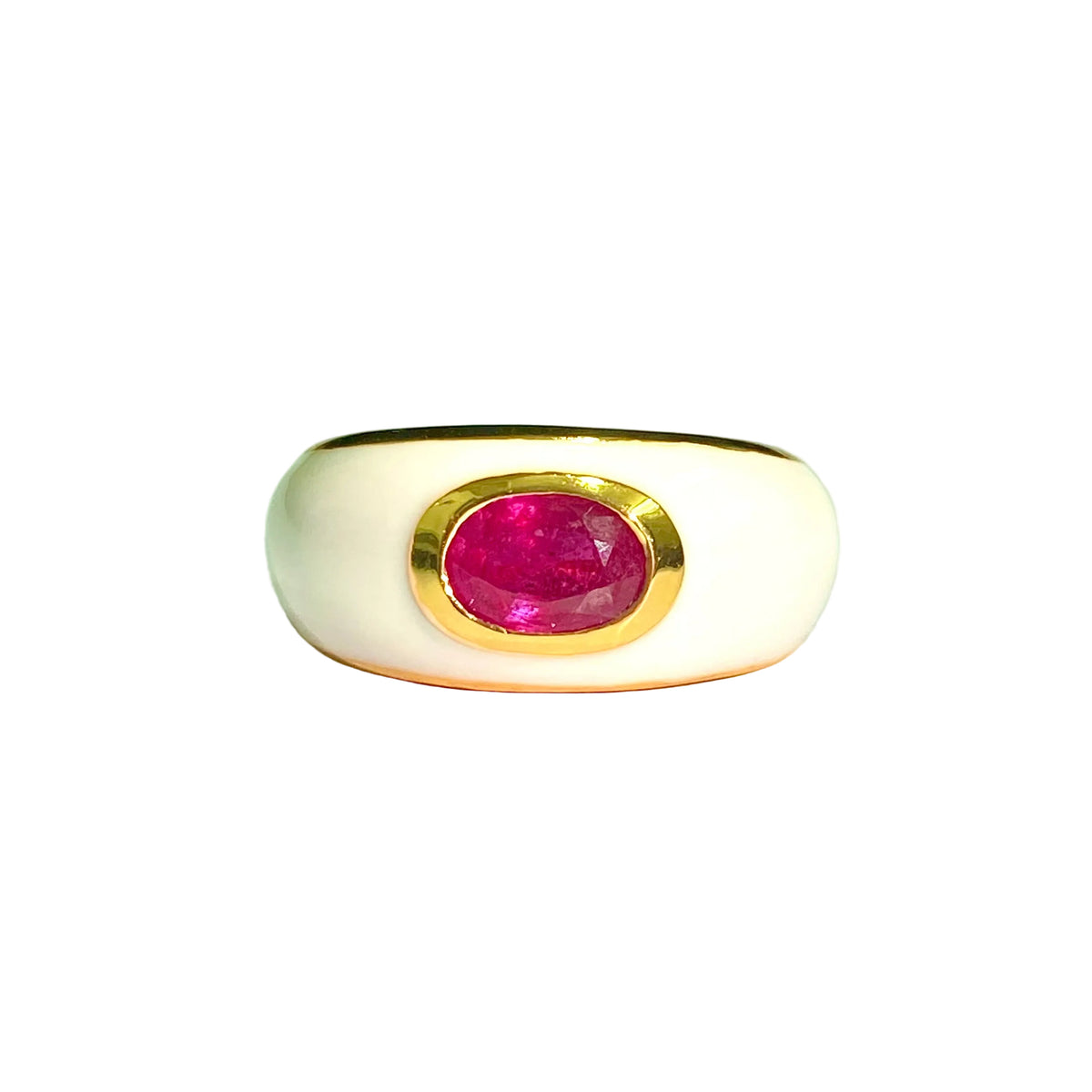Sterling Silver Gold Plate White Enamel Ruby Ring
