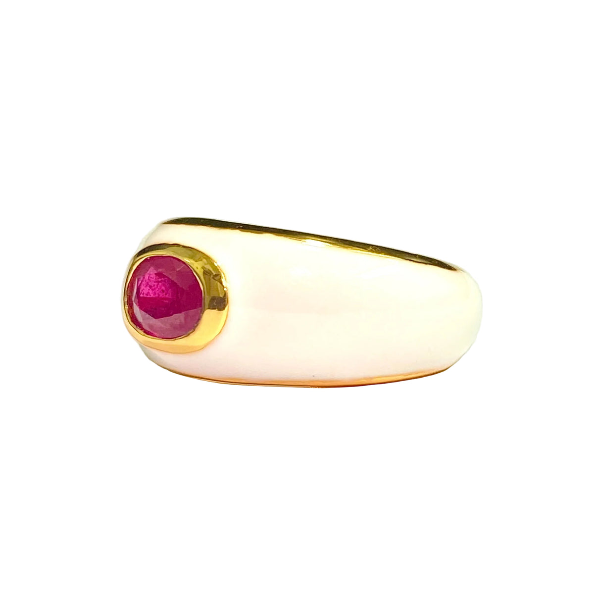 Sterling Silver Gold Plate White Enamel Ruby Ring