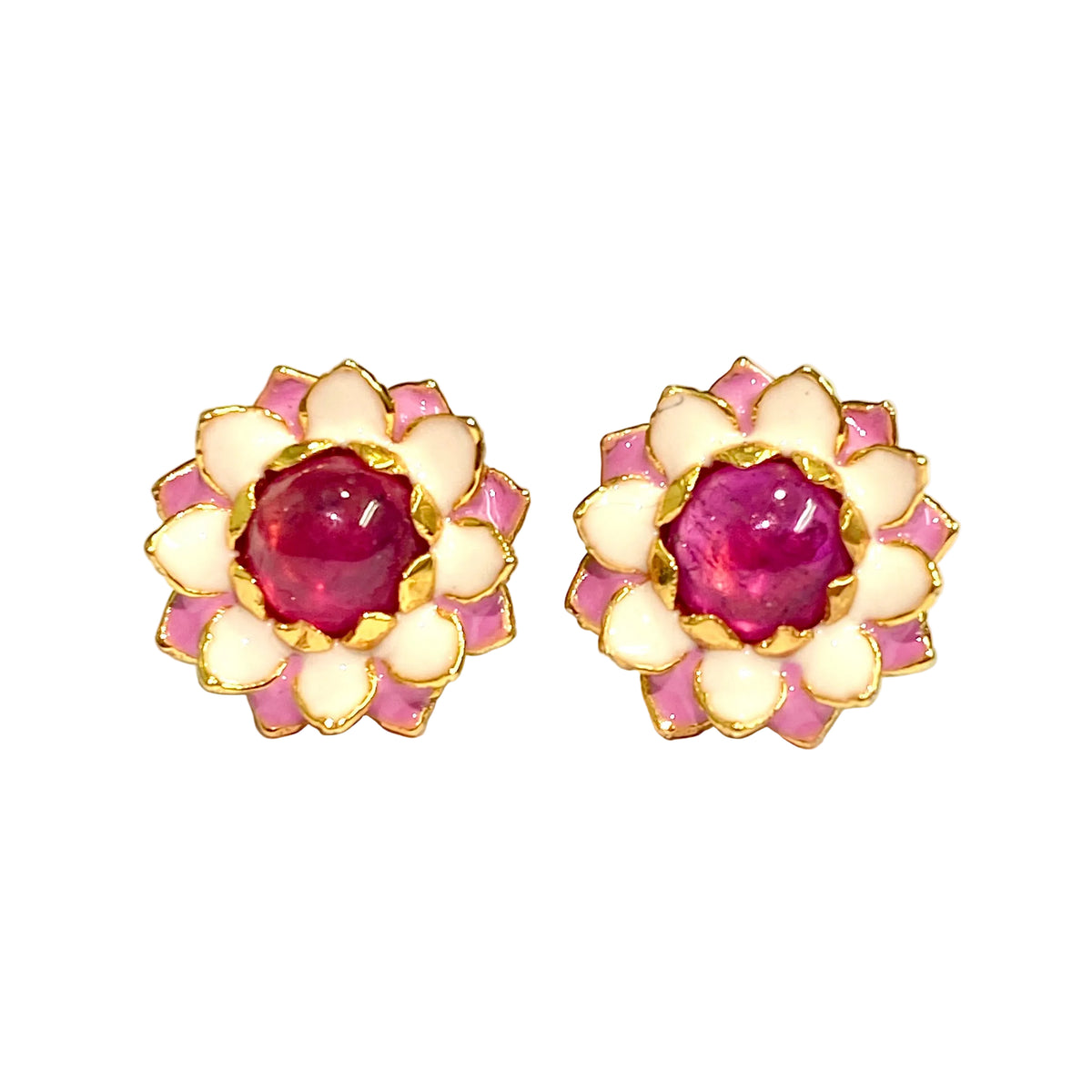 Sterling Silver Gold Plate Enamel Ruby Flower Stud Earrings